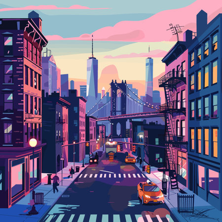 New York city street with skyscrapers and buildings. Vector illustrationのイラスト素材