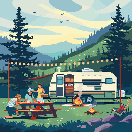 Camping in the mountains. Vector illustration in flat design style.のイラスト素材