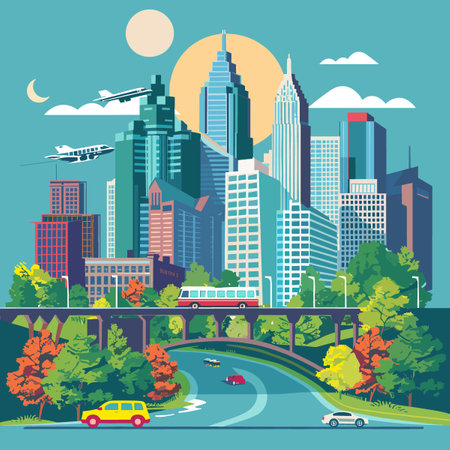 City landscape with buildings, roads and transport. Vector illustration in flat styleのイラスト素材
