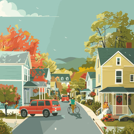 Autumn street with houses, trees and cars. Vector illustration.のイラスト素材