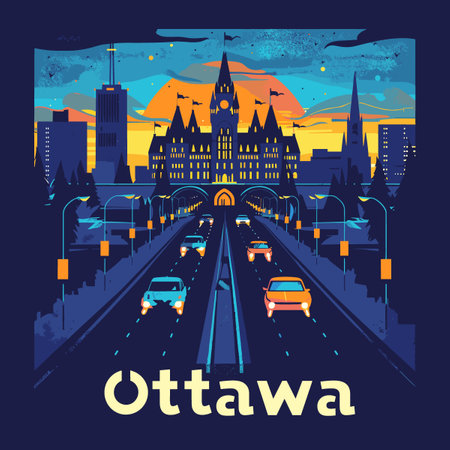 Otawa, Japan. Cityscape at night. Vector illustrationのイラスト素材