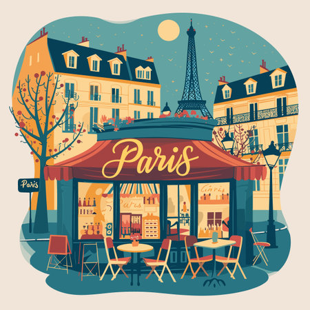 Paris. Eiffel tower, cafe and restaurant. Vector illustrationのイラスト素材
