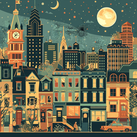 City at night. Vector illustration in flat style. Cityscape with old buildings.のイラスト素材