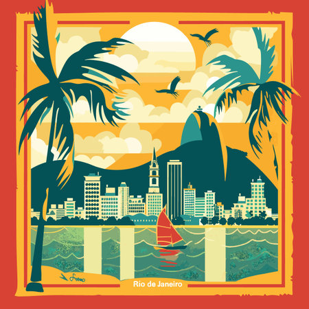 Vintage travel poster in flat style. Vector illustration with cityscape, palm trees and skyscrapers.のイラスト素材