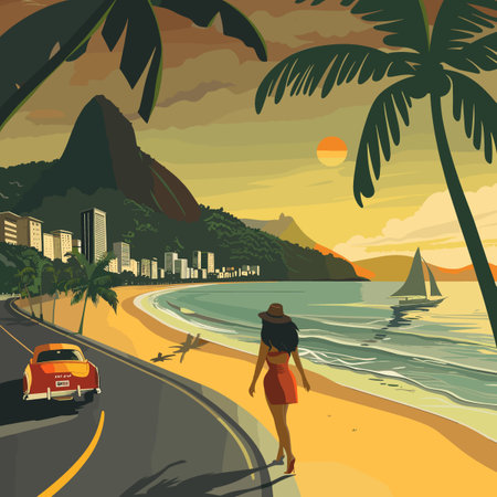 Tropical beach landscape. Vector illustration in flat design style.のイラスト素材