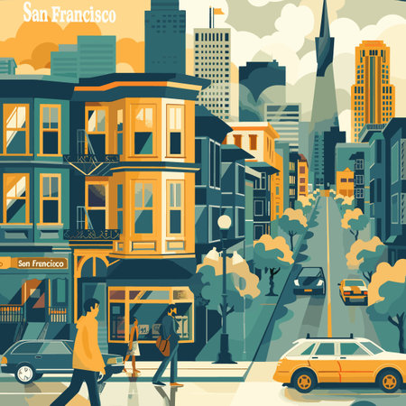 City street with buildings, cars and people. Vector illustration in flat styleのイラスト素材