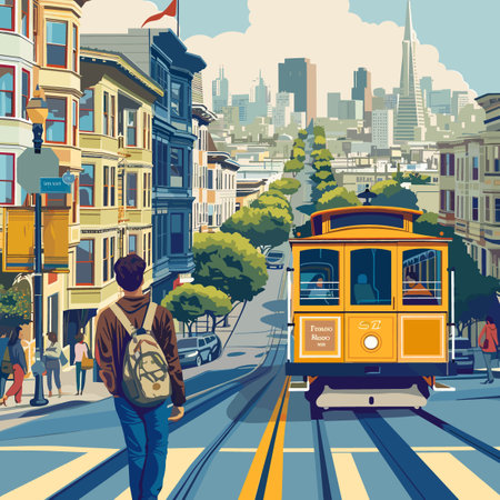 Cable car in the city. Vector illustration in retro style.のイラスト素材