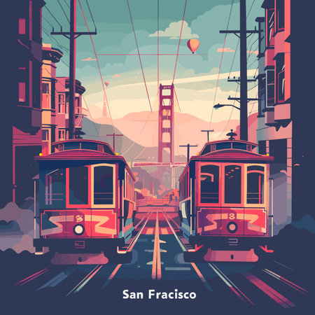 Vector illustration of a city street with tram and cable car. Public transport.のイラスト素材