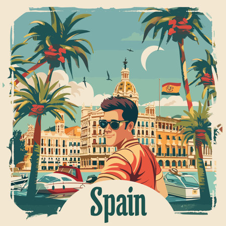 Travel to Spain poster with man in sunglasses and palm trees, vector illustrationのイラスト素材