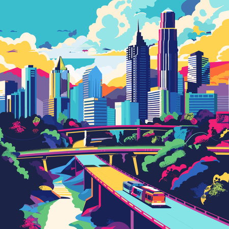 Cityscape with skyscrapers, bridge and river. Vector illustrationのイラスト素材