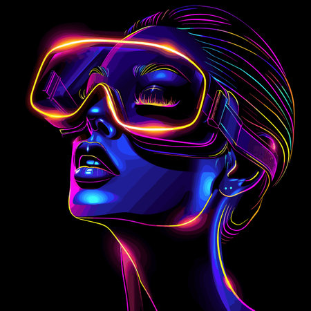 Neon portrait of a girl in virtual reality glasses. Vector illustration.のイラスト素材