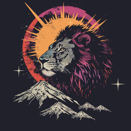 Lion head on the background of the sun. Vector illustration.のイラスト素材
