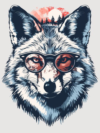 A wolf with glasses on its face. The wolf is wearing glasses and has a red eyeのイラスト素材