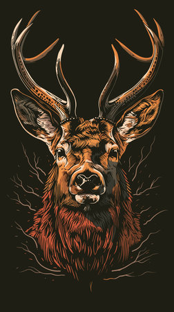 A close up of a deer's head with a brownish color. The deer's head is surrounded by a tree trunk and branchesのイラスト素材