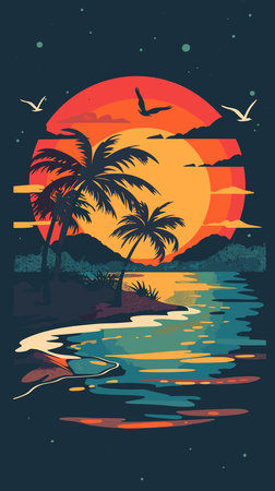 A painting of a beach with palm trees and a sunset. The painting has a warm and relaxing mood, with the sun setting over the water and the palm trees providing a sense of tranquilityのイラスト素材