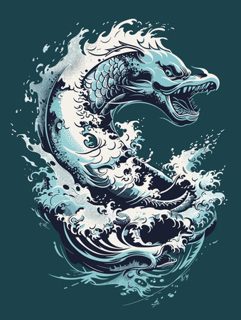 A fish with a mouth open and a dragon head is swimming in the ocean. The image has a sense of movement and energyのイラスト素材