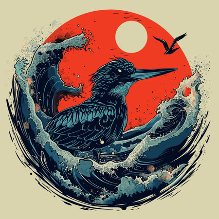 A bird is swimming in the ocean with a red sun in the backgroundのイラスト素材