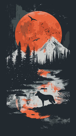 Mountain landscape with forest, lake and deer. Vector grunge illustration.のイラスト素材