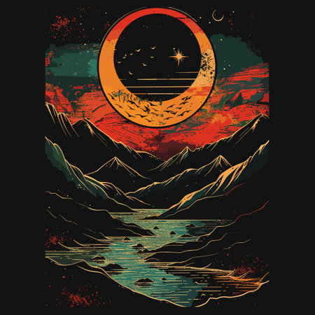 A painting of a mountain range with a large orange circle in the center. The painting has a mood of mystery and wonder, as the circle seems to be a portal to another worldのイラスト素材