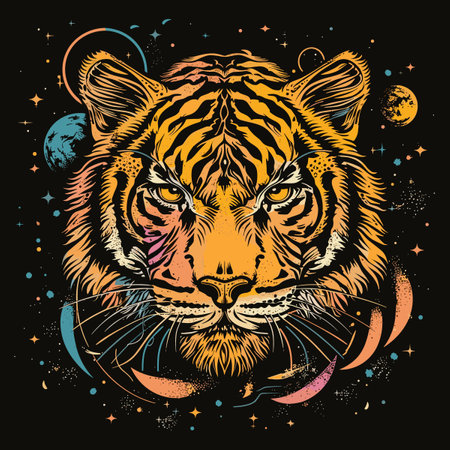 Tiger head on the background of the starry sky. Vector illustration.のイラスト素材