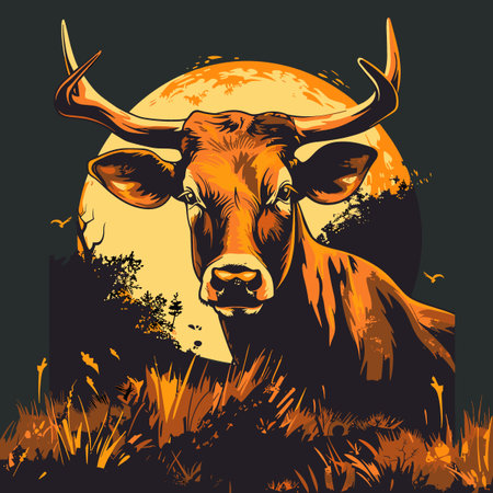Vector illustration of a bull with big horns on the meadow.のイラスト素材