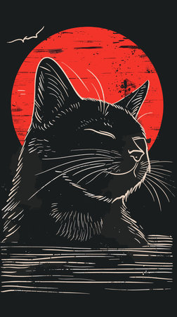 Cat on the background of the sun. Vector illustration in retro style.のイラスト素材