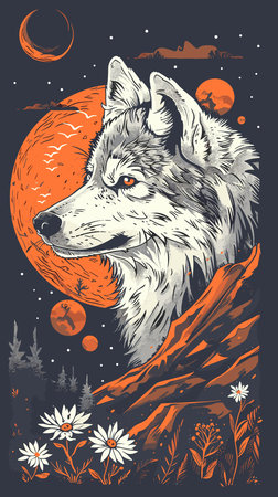 Hand drawn vector illustration of a wolf in front of the full moon.のイラスト素材