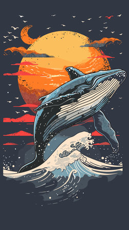 Dolphin in the ocean. Hand drawn vector illustration on dark background.のイラスト素材