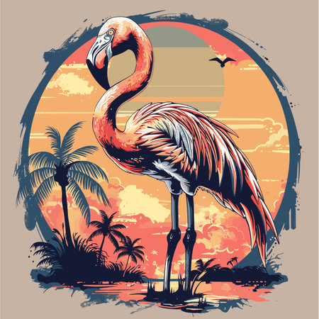 flamingo on the background of palm trees and sunset. vector illustrationのイラスト素材