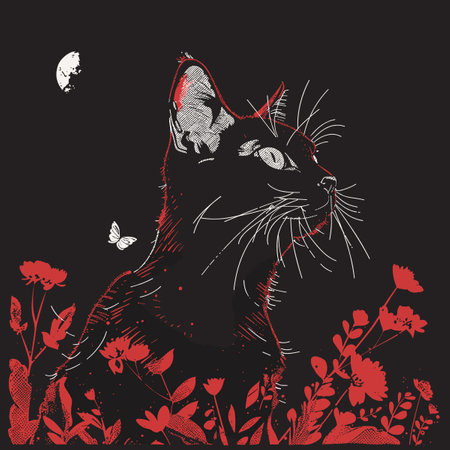 Vector illustration of a cat with flowers and butterflies on a black backgroundのイラスト素材