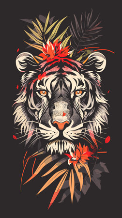 Tiger with tropical flowers and leaves. Hand drawn vector illustration.のイラスト素材