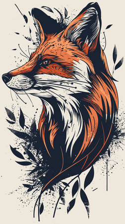 Vector illustration of fox head in grunge style with floral elements.のイラスト素材