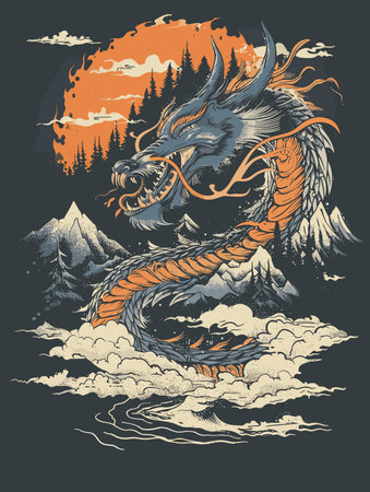 Dragon in the mountains. Vector illustration for t-shirt or posterのイラスト素材