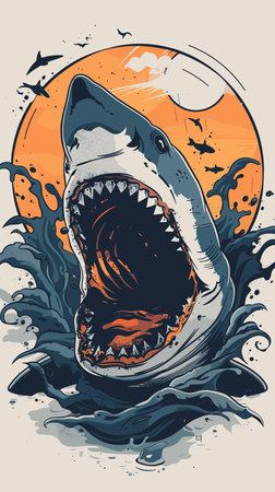 Great white shark with big teeth. Vector illustration in retro style.のイラスト素材