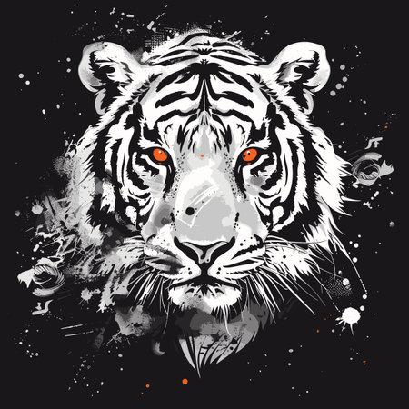 Tiger head with grunge splashes. Vector illustration on black background.のイラスト素材