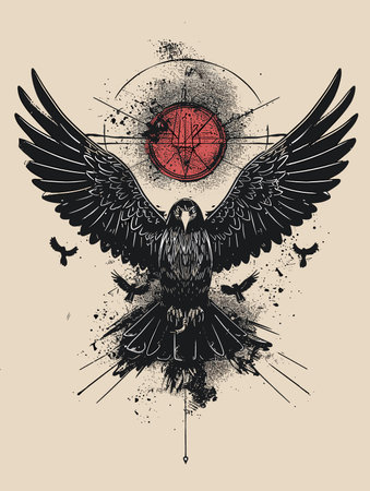 Vintage tattoo style illustration of an eagle with a red sun in the backgroundのイラスト素材