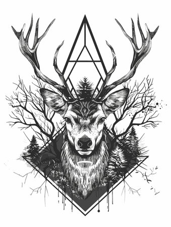 Deer head with antlers for tattoo or T-shirt designのイラスト素材