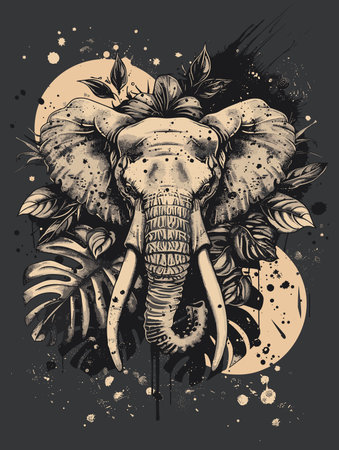 Vector hand drawn illustration of an elephant with tropical plants and grunge backgroundのイラスト素材