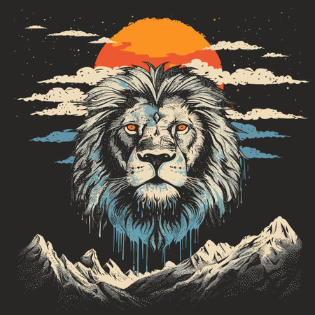 Lion head with mountains and sun. Vector hand drawn illustration.のイラスト素材