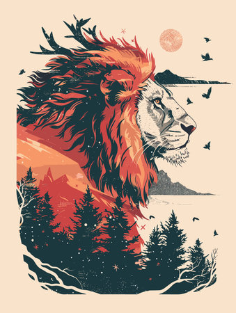 Lion in the forest. T-shirt design. Vector illustration.のイラスト素材