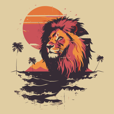 Lion on the background of the sun and palm trees. Vector illustration.のイラスト素材