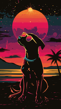 Vector illustration of a dog sitting on the beach at sunset in retro styleのイラスト素材