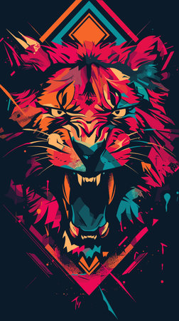 Tiger head on colorful grunge background. Vector illustration for t-shirt designのイラスト素材