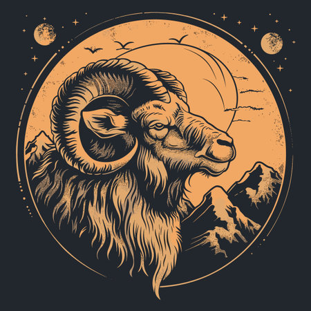 Vector hand drawn illustration of a ram with moon and mountains in the background.のイラスト素材