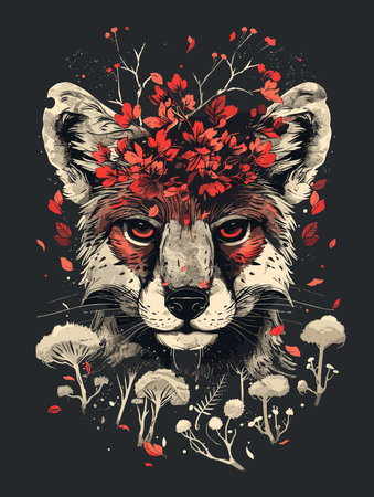 Hand drawn portrait of a red fox with flowers. Vector illustration.のイラスト素材