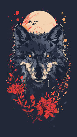 Wolf head with flowers and moon on dark background. Vector illustration.のイラスト素材