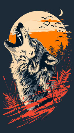 Wolf on a background of the moon and the forest. Vector illustrationのイラスト素材