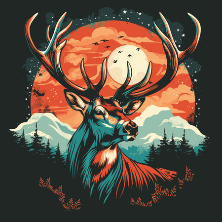 Deer with big antlers on the background of the moon and the forest.のイラスト素材