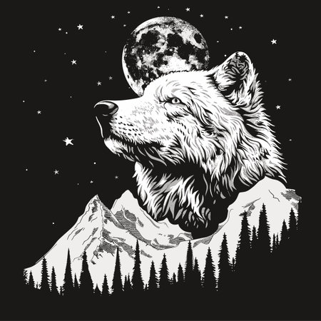 Wolf and moon in the mountains. Vector illustration for t-shirt, poster, print.のイラスト素材