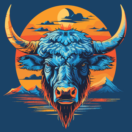 Buffalo head on the background of the sunset. Vector illustration.のイラスト素材
